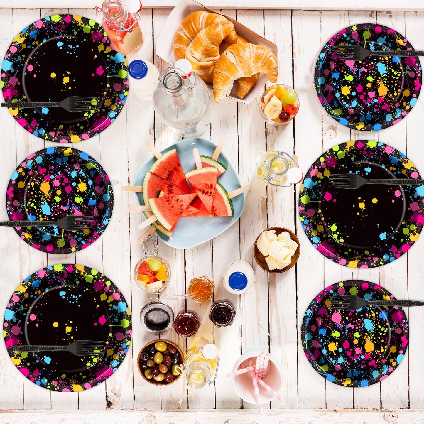 Gisgfim 48 Pcs Neon Plates Party Supplies Glow Birthday Party Decorations Glow In Dark Paper Dessert Plates Disposable Neon Them