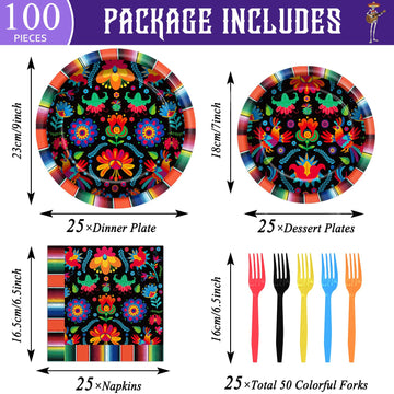 100Pcs Mexican Fiesta Party Plates And Napkins Party Supplies Mexico Tableware Dinnerware Set Party Decorations For Dia De Los M