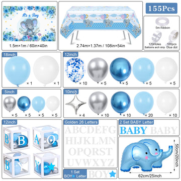Golray 155Pcs Elephant Baby Shower Decorations For Boy Baby Boxes With Letters Blue Balloon Garland Kit It'S A Boy Backdrop Tablecloth Star Elephant Kid Birthday Party Supplies Baby Boy Shower Decor