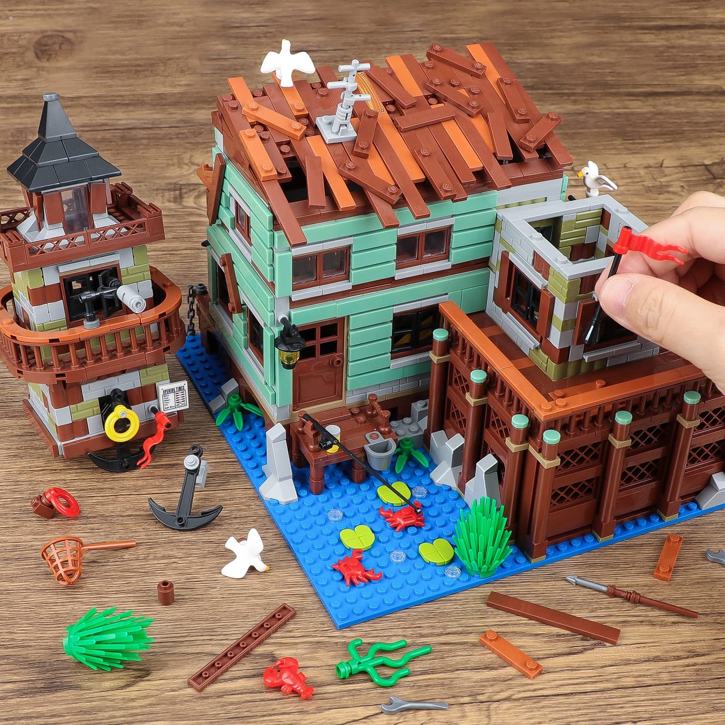 Fishing Village Store House Building Set With Led Light, 1881 Pcs Wood Cabin Mini Building Block, Stem Architecture Toys Kit, Birthday Gift For Adults Ages 8-12+ Years(Not Compatible With Set )