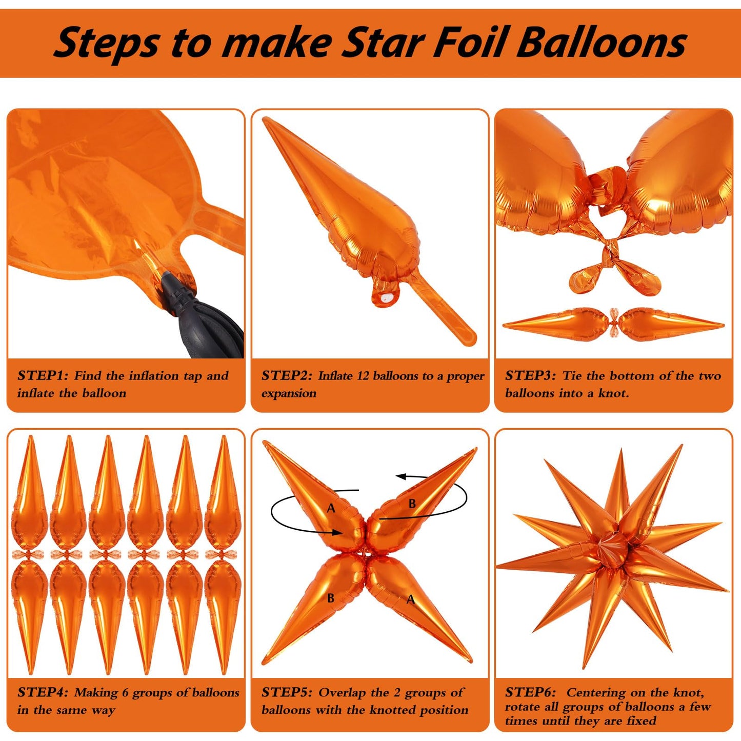 TOTAFAM 60 Pcs Orange Foil Star Balloons - 12 Point Cone for Wedding, Anniversary, Birthday Party Decorations