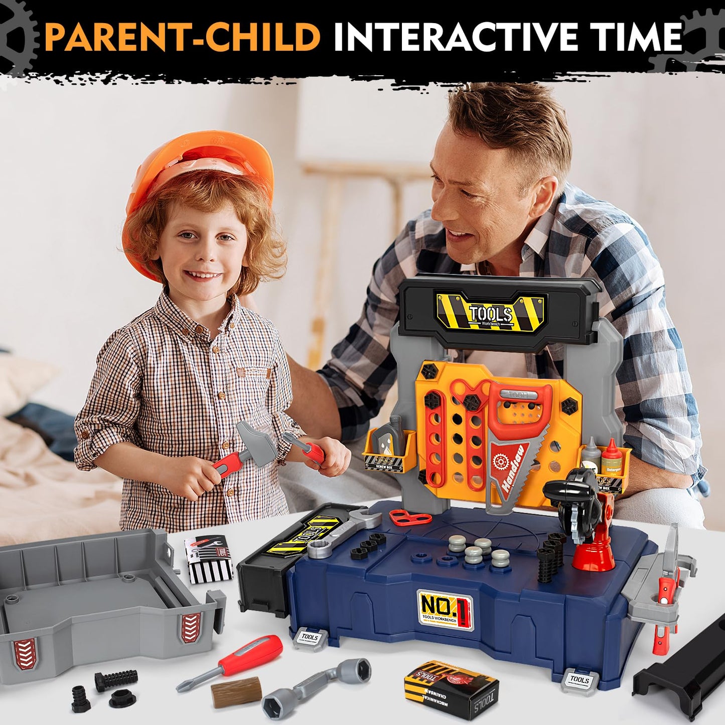Kids Tool Bench with Electric Drill and Chair, Christmas Birthday Gift for Boys Girls Age 3,4,5+ Pretend Play Kids Tool Set, Tra