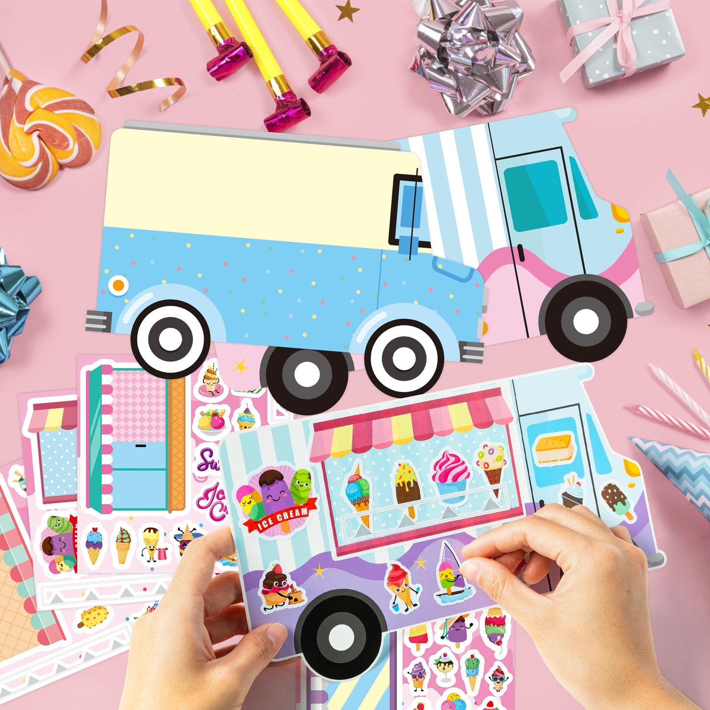 Cy2Side Ice Cream Stickers Scene - Make Your Own Ice Cream Cart Scene Sticker Art Craft Diy Dessert Truck Shop Stickers Scene With Mix Match Sweets Stickers For Kid Summer Party Games For Classroom
