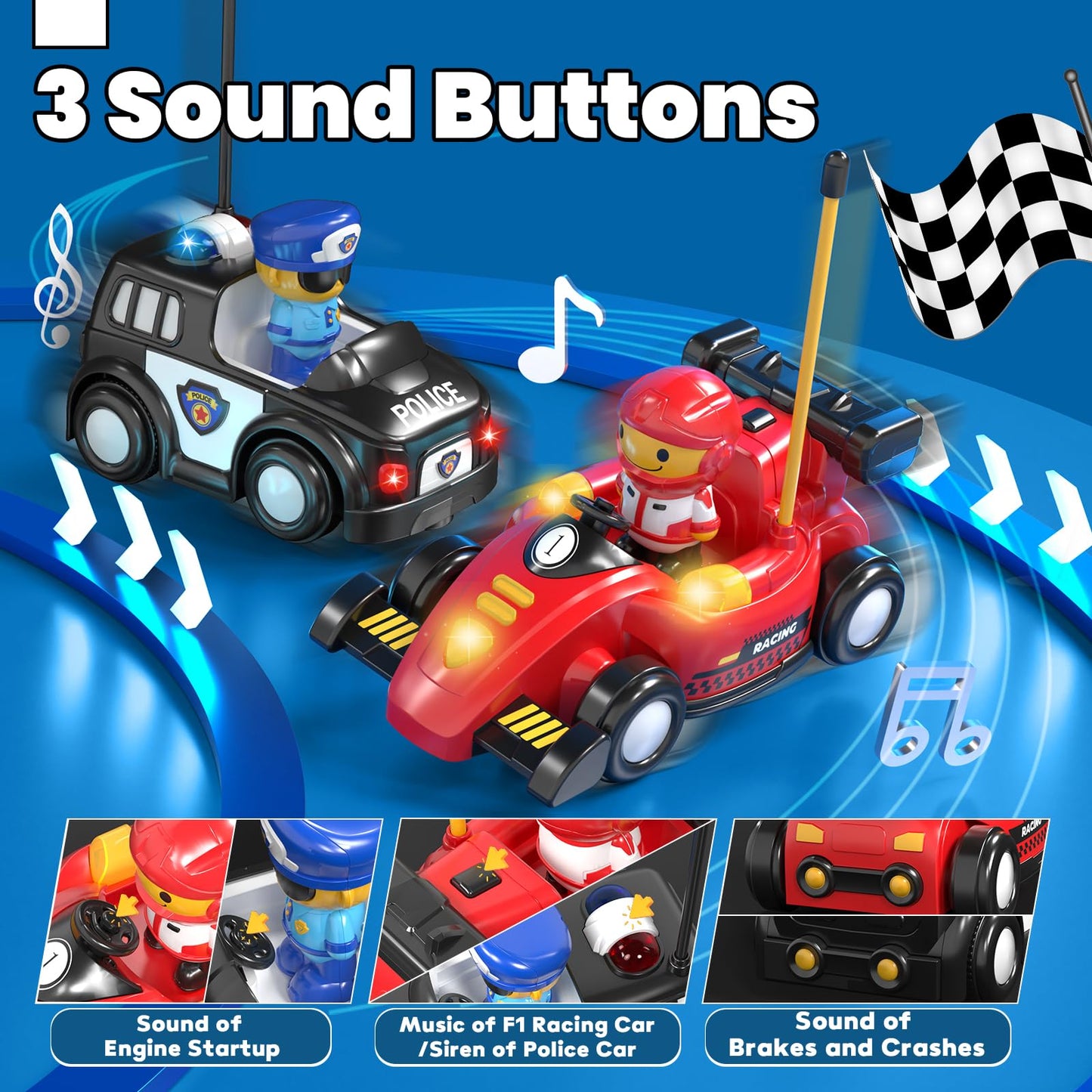 Lehoo Castle 2 Pack Remote Control Car for Toddlers 1-3, Police Car & Race Car, Toddler Toys for 2-4 with Realistic Sound Effect
