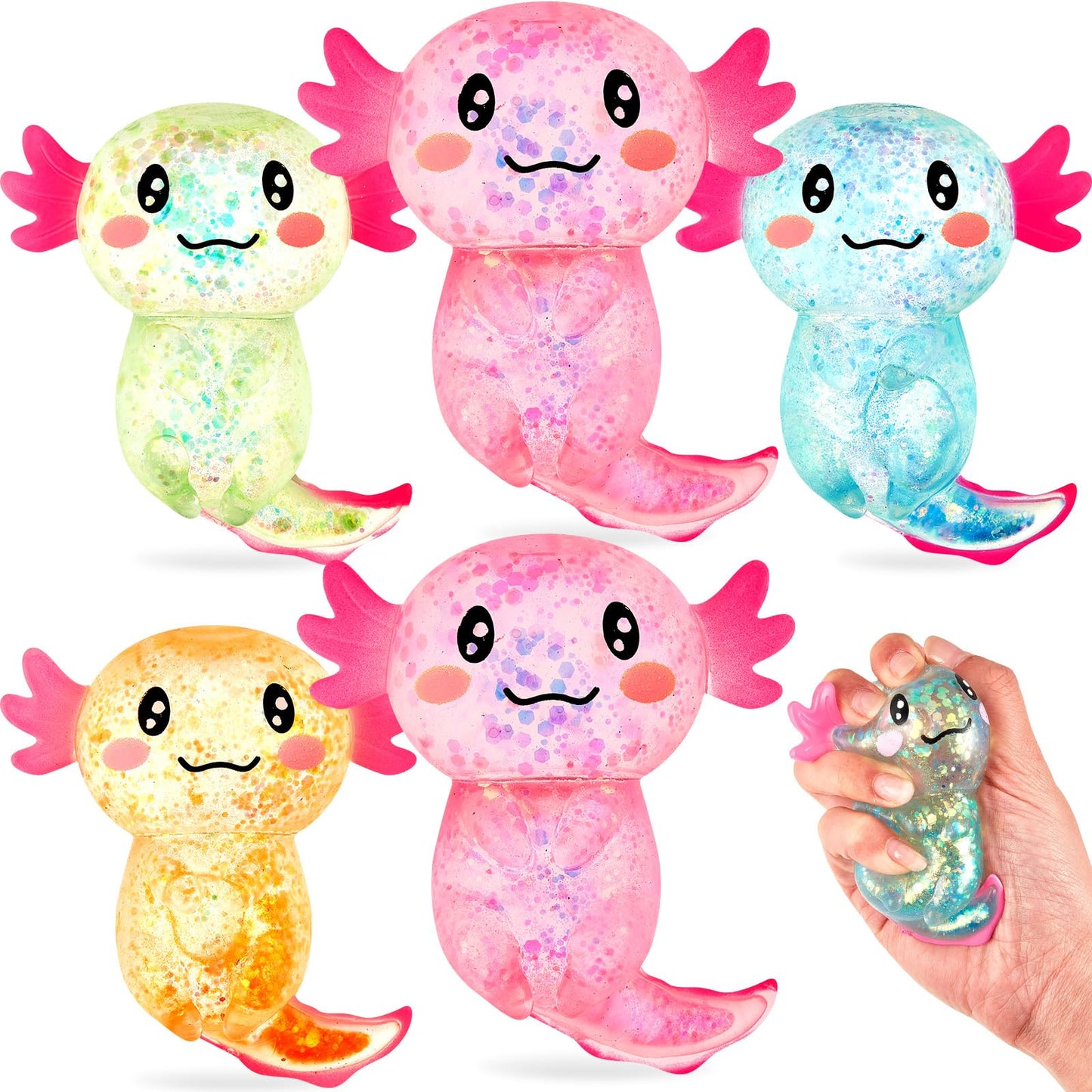 Simgoing Sensory Fidget Stress Relief Axolotl Squeeze 3.94 X 3.15 Inches Cute Malt Sugar Filled Stretchy Axolotl Fun Squeeze For Adults Soothing Birthday Party Gift, 4 Styles(6 Pcs,Glitter)