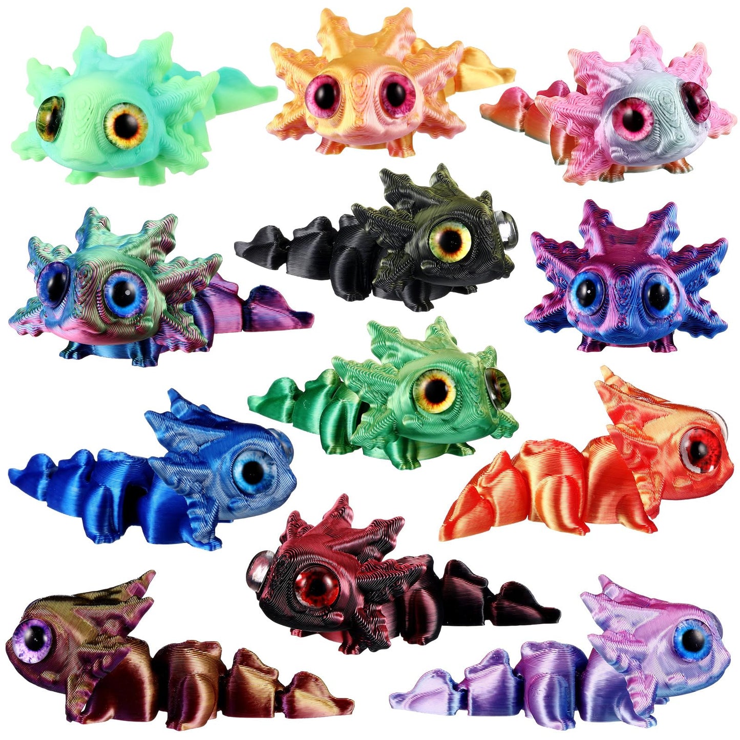 Honoson 12 Pcs 3D Printed Fidget Toy 3D Printed Baby Axolotl Small Animal Toy Flexible Cute Articulating Pet Stress Relief Fidge