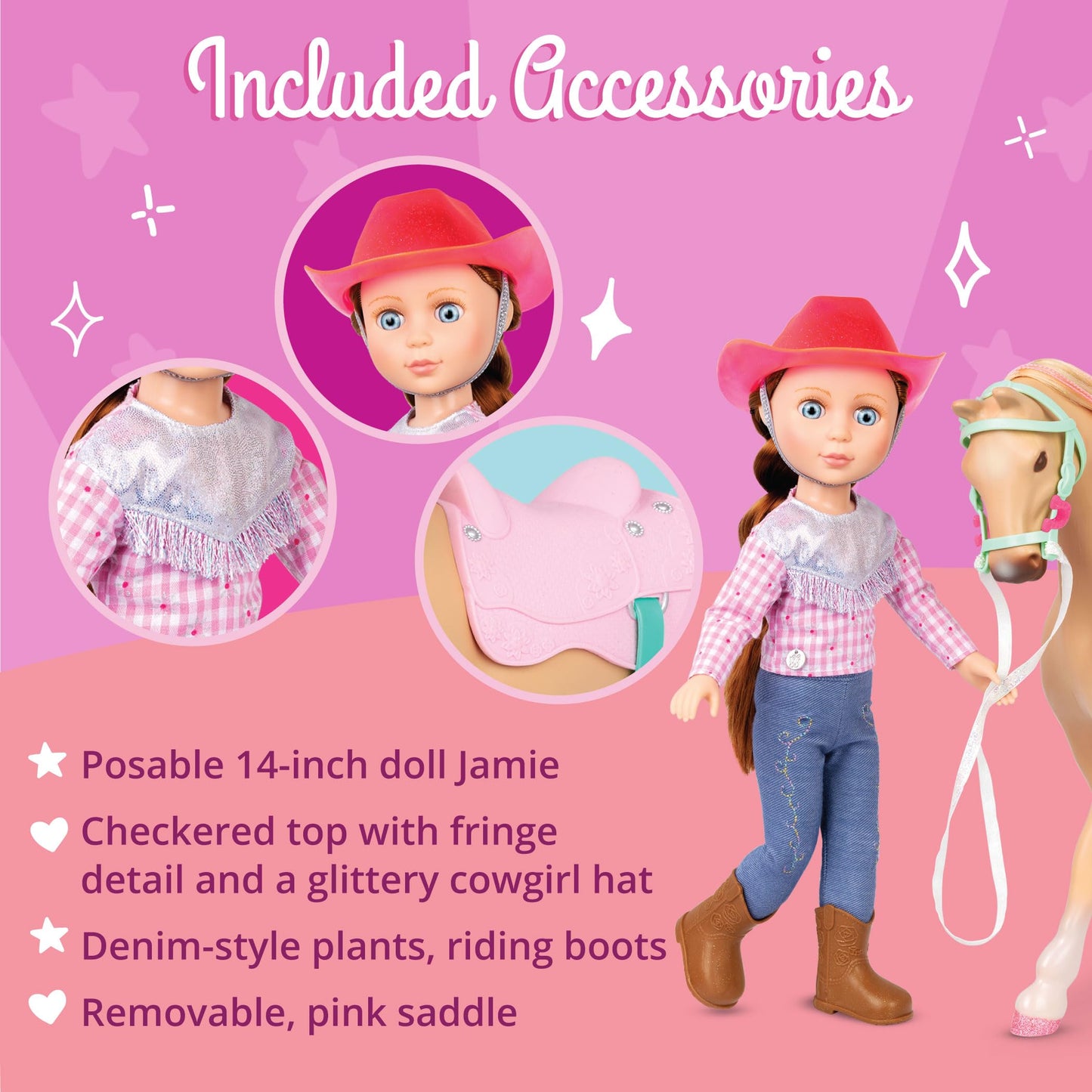 Glitter Girls 14 Jaime Doll with Jumper Horse - Equestrian Doll in Pink Outfit & Tan Horse with Saddle for Girls 3+ Years Old