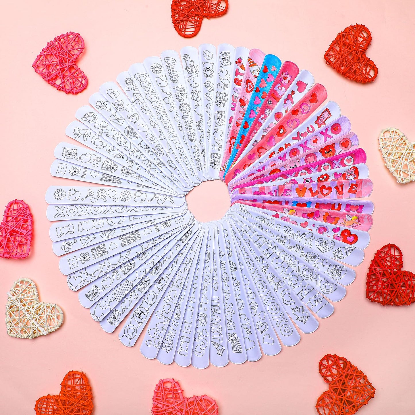 Quelay 120 Pcs Valentines Slap Bracelets Valentine's Day Crafts Color Your Own Slap Bracelets White Blank Snap Wristbands Bulk V