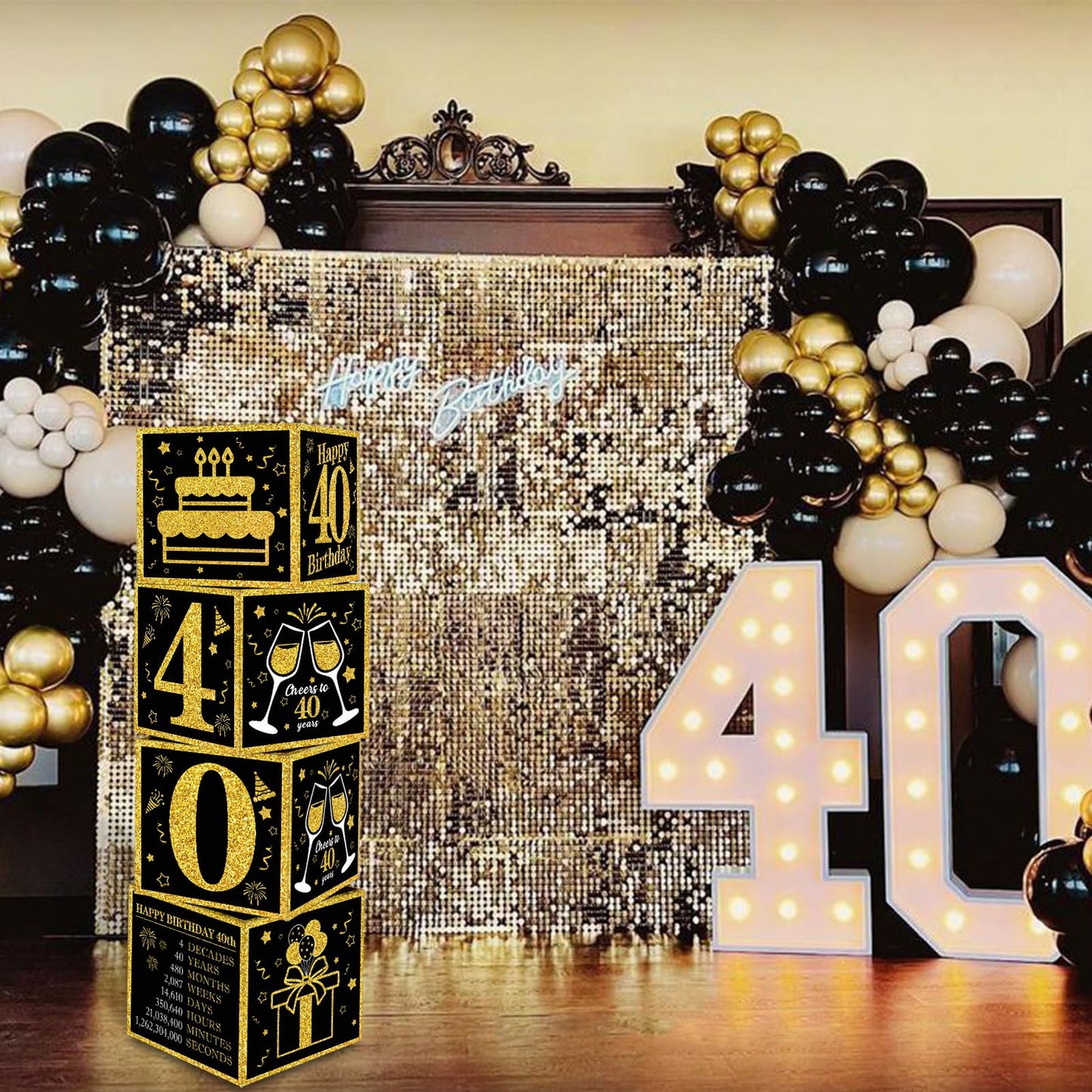 Toniful 4 Pcs 40Th Birthday Decorations Boxes For Men Women,Fourty Years Old Birthday Cardboard Box Party Supplies,Black And Gol