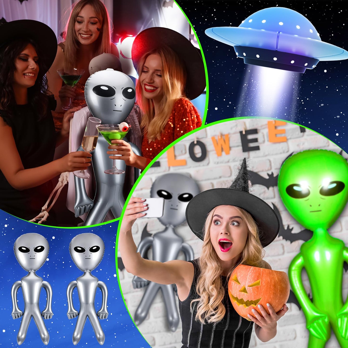 Zhanmai 4 Pcs 63 Inch 35 Inch Inflatable Alien Jumbo Alien Party Decorations Alien Balloon Inflate Alien For Halloween Party Favors(Silver, Green)