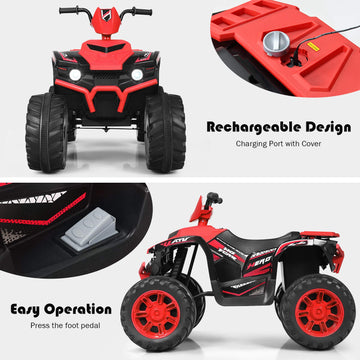 Costzon Kids ATV, 12V Electric Vehicle, Red, 42"x25.5"x29", LED Lights, Treaded Tires, Music & Horn for Boys & Girls