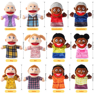 12 Pcs Family Hand Puppets 12 Inch Grandparents Mom Dad Brother Sister Plush Toys Role-Play Toy Puppets For Kids Storytelling Im