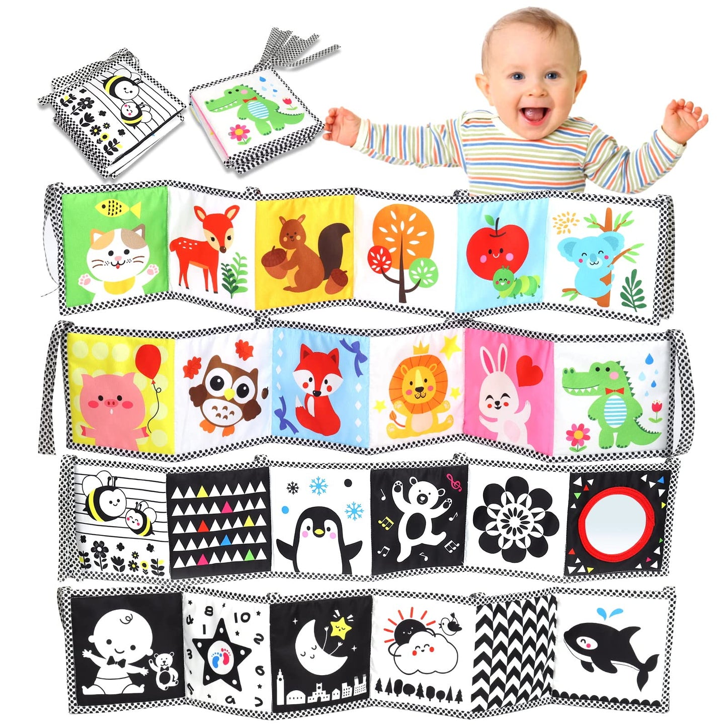 Okooko Black And White High Contrast Soft Baby Books 2Pcs Washable Tummy Time Toy Crib Stroller Toy Montessori Sensory Toy Early