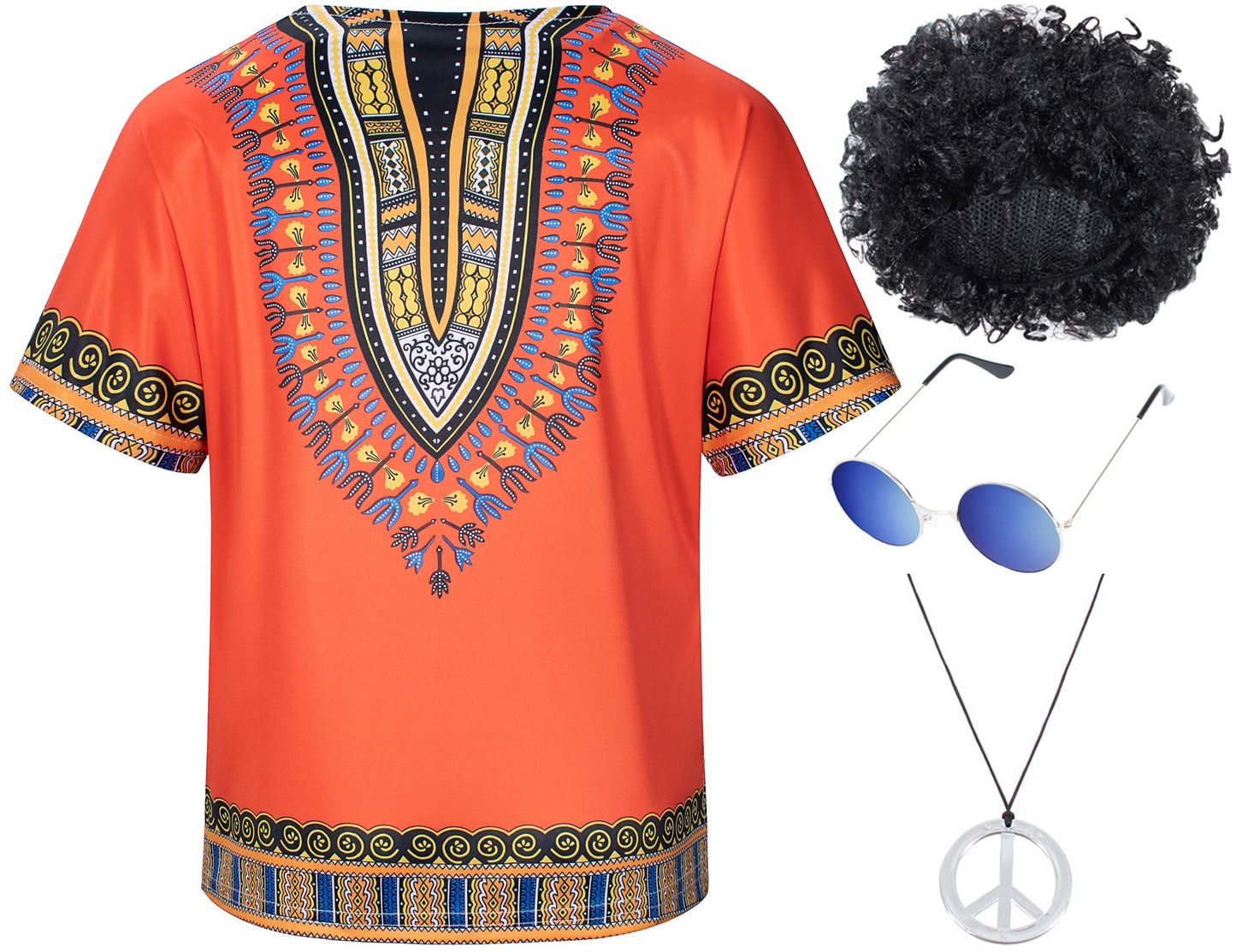 Kids Hippie Costume for Boys Girls 60s 70s 4 Pcs T-Shirt Afro Wig Set for Halloween Party Cosplay 7-8 Years Yellow