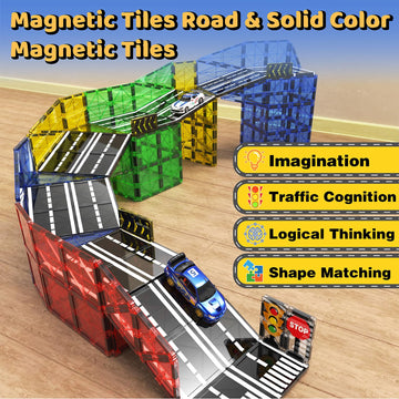 Goodtiles Magnetic Tiles Road Set - Large Bright & Colorful Building Blocks for Kids 3-8, Montessori Gift for Boys & Girls, Autism-Friendly