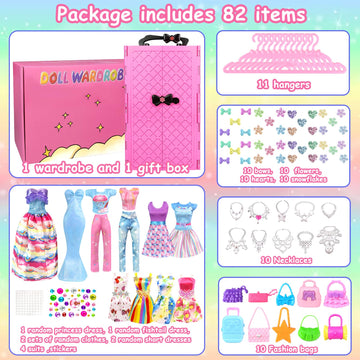 82Pcs Doll Clothes And Accessories With Doll Closet For 11.5 Inch Doll - Fashion Design Doll Set Including Wedding Dress Fashion Dresses Outfits Tops And Pants Hangers Bags For Girls