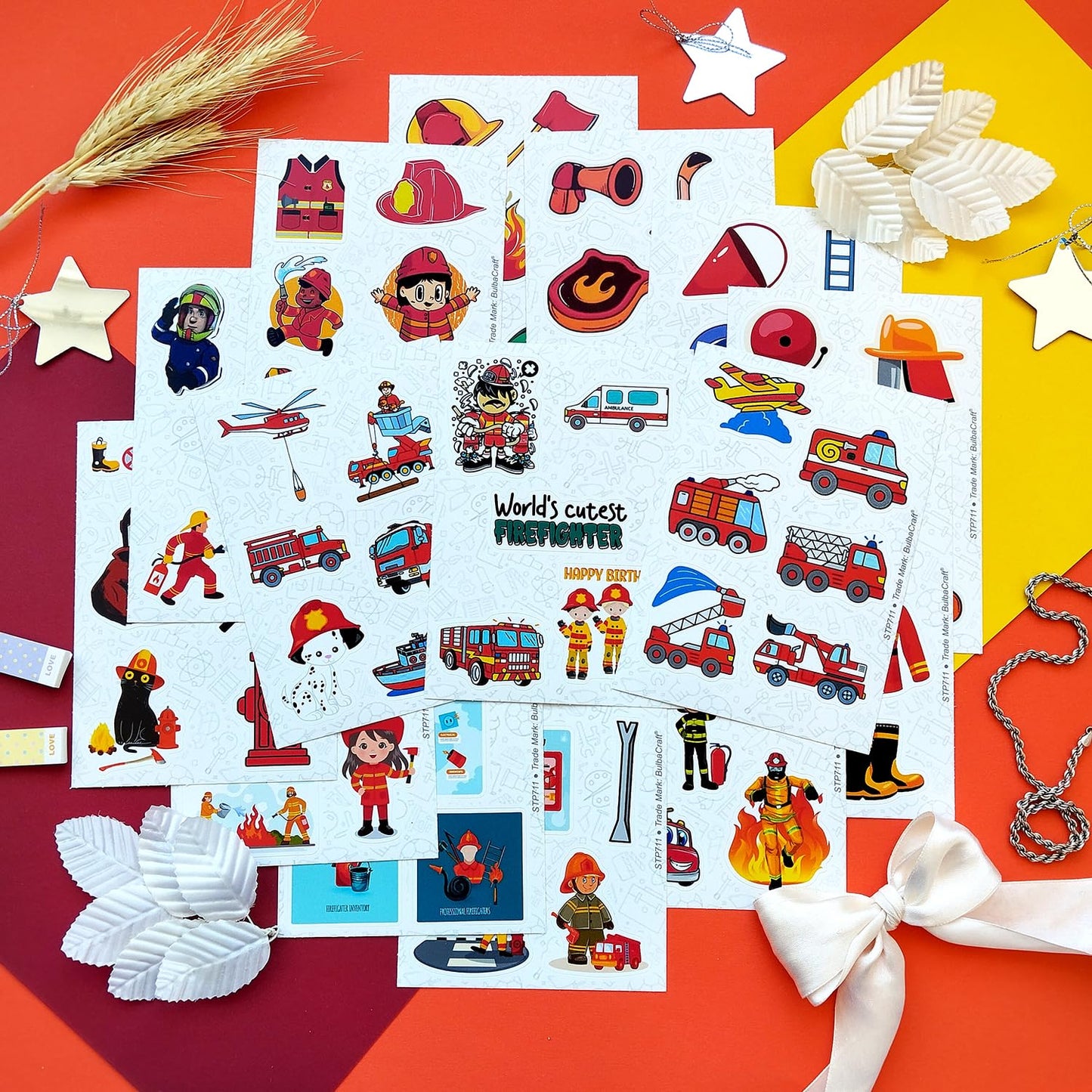 Bulbacraft Firefighter Stickers For Kids, 100Pcs Vinyl Decals, Waterproof, Reusable, Party Favors, School Supplies, Fire Truck T