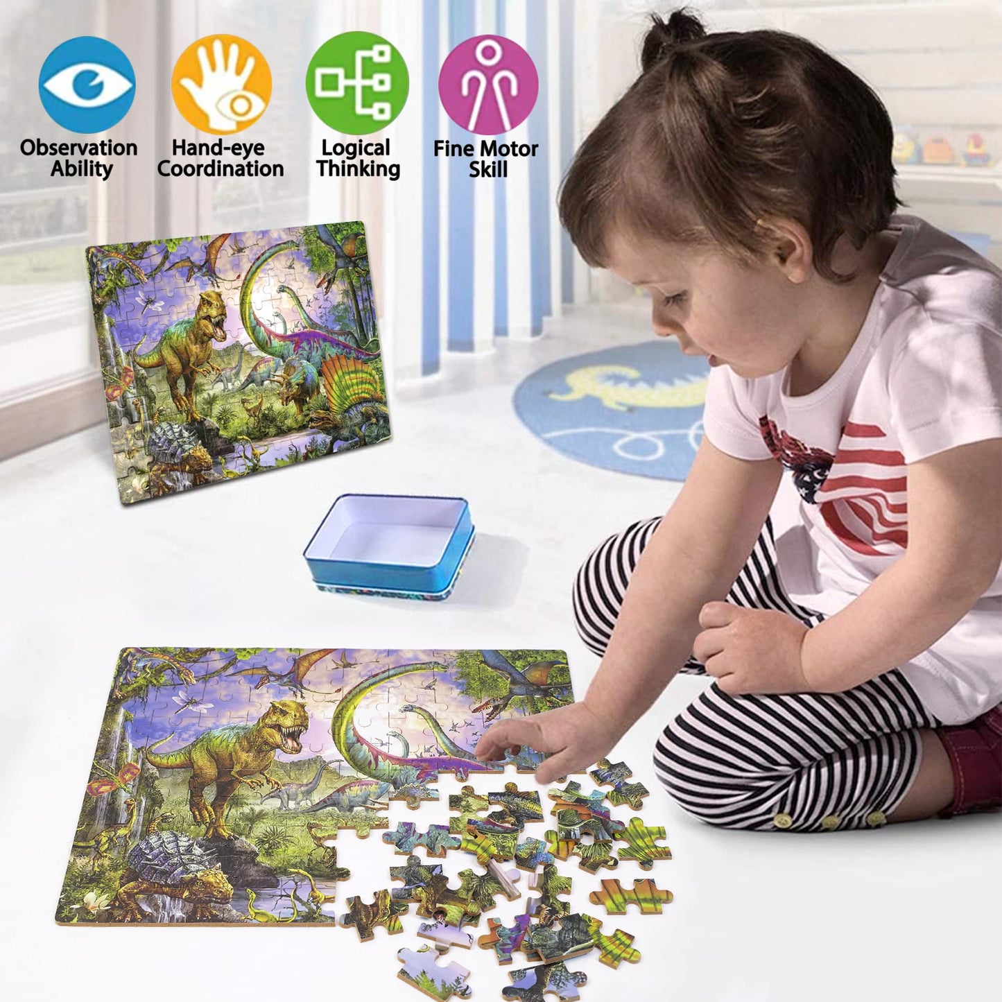 Lelemon Puzzles For Kids Ages 4-8,Dinosaur 100 Piece Puzzles For Kids,Educational Kids Puzzles Jigsaw Puzzles In A Metal Box,Children 100 Piece Puzzle Games Puzzle Toys For Girls And Boys
