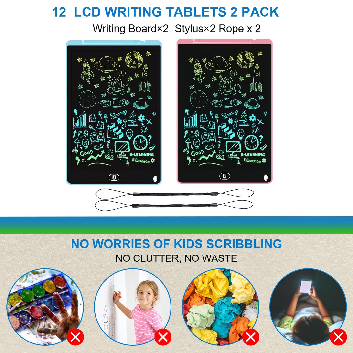 2 Pack 12 Inch Lcd Writing Tablet, Electight Colorful Doodle Board, Eye Protection Drawing Board With Lock & Erase Func, Birthda