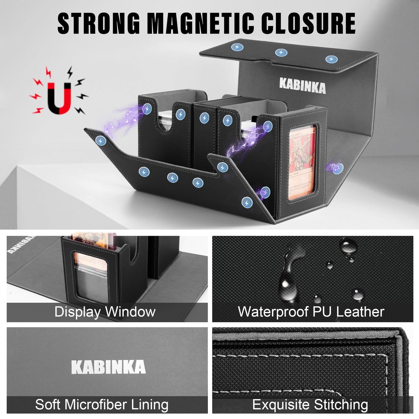 Kabinka Deck Box for MTG with Commander Display 3 in 1 Trading Card Storage Box Fit 200 Double-sleeved Cards Removable Deck Case for TCG/Sports Cards with 2 Magnetic Card Holders (Black)