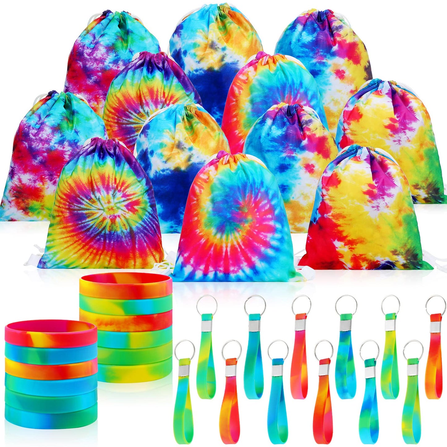 Chengu 36 Pcs Tie Dye Camouflage Party Kit Camo Drawstring Bag Bulk Camouflage Military Rubber Keychain Silicone Camo Bracelet For Adult Kid Travel Paintball Camping Birthday Party Supplies (Tie Dye)