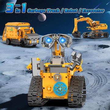 Karei Robot Building Kit - 3 in 1 Excavator & Garbage Truck, 700 Pcs, Remote Control, Plastic, Medium, Yellow, Model A1001