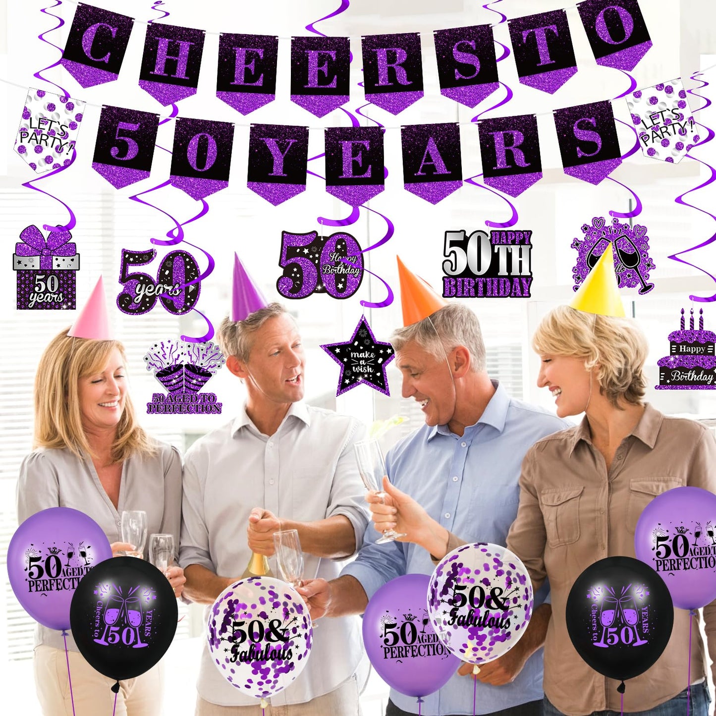 Purple 50Th Birthday Decorations For Women Men Purple Black 50Th Birthday Banner Hanging Swirls 50Th Birthday Balloons Happy 50Th Birthday Cake Topper For Purple Cheer To 50 Years Party Supplies