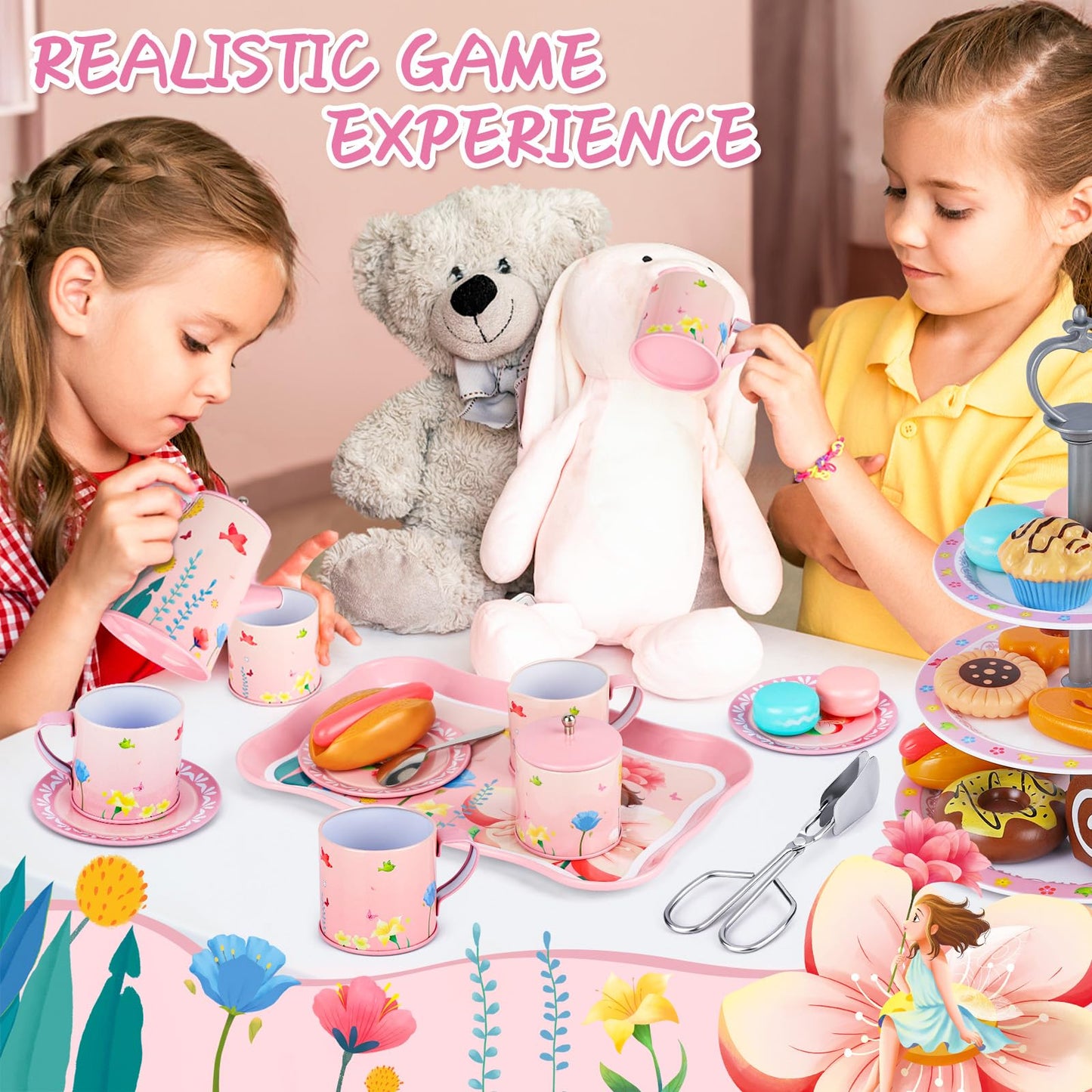 Kids Tea Party Set for Little Girls Birthday Gift Toys for 3 4 5 6 7 8 Year Old Girls, Cute Princess Play Toddlers Tin Tea Set,