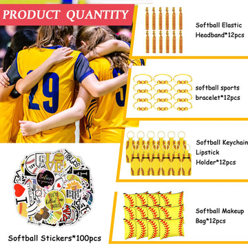 LEIFIDE 148 Pcs Softball Gift Softball Party Favors Makeup Bag Bracelet Keychain Stickers Hair Ties for Sport Birthday Decoratio