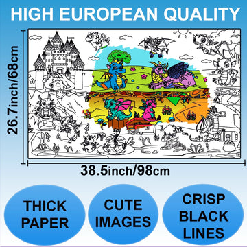 ALEX Art Large Dragon Coloring Poster - Jumbo Wall Coloring Sheets for Kids, 38.5”x26.7” Family Table Floor Art, White