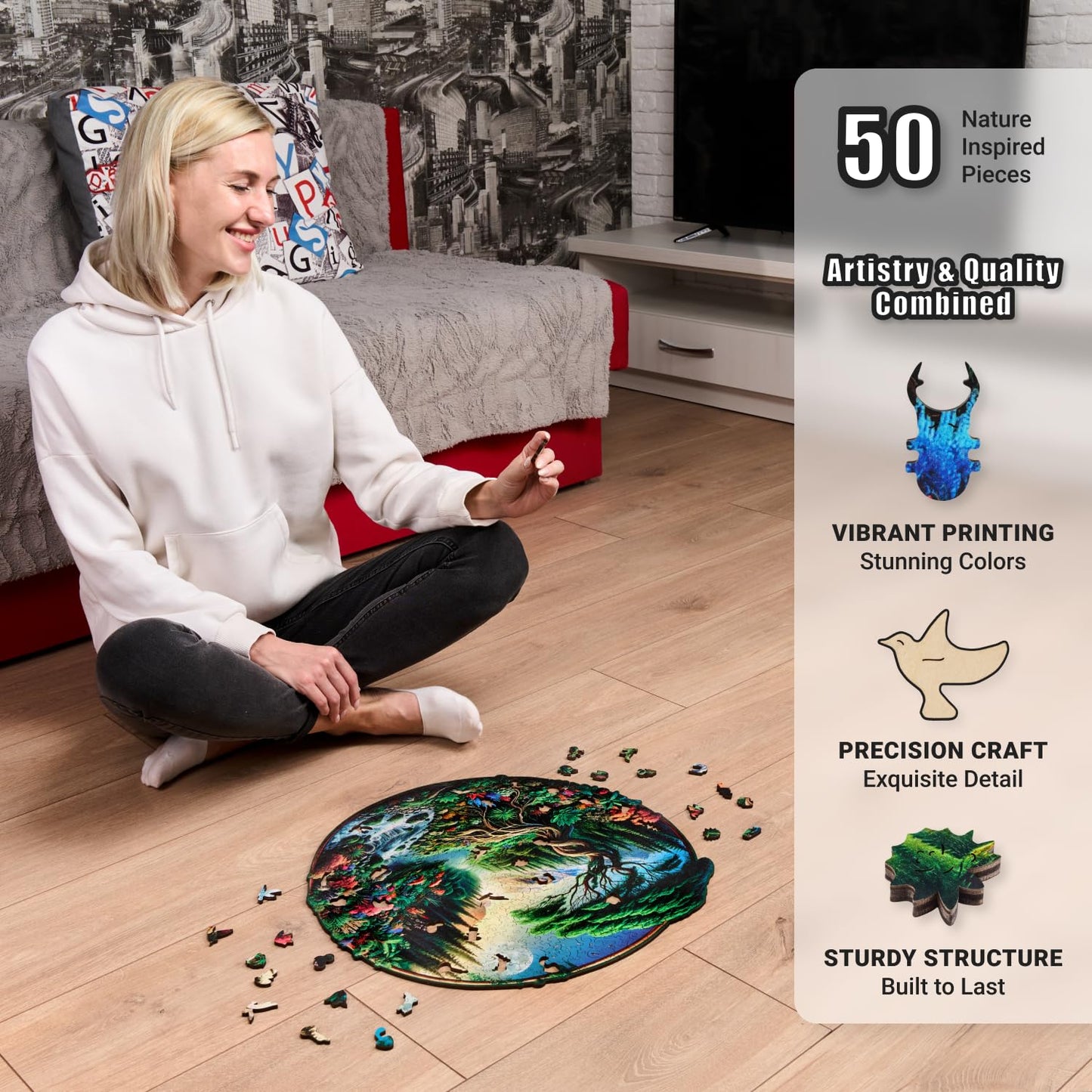 Majestic Landscape - 500 Piece Wooden Puzzles for mature-themeds - 18 x 17.5 in - Extra-Thick 5 mm Wood Puzzle Hand-Shaped Pieces Round XL Mosaic Design - enhanced Gift for Puzzle Lovers by LEOGOR