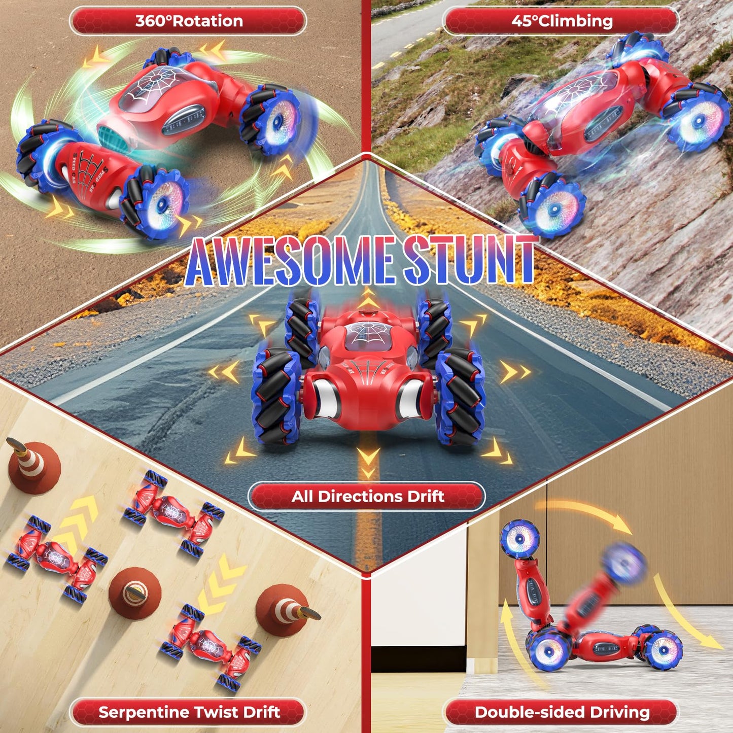 Fosgoit Spider Remote Control Car Spider Toy for Kids 6-8 8-12 6-12, Gesture Sensing RC Stunt Car with Light & Music & Spray, Ge