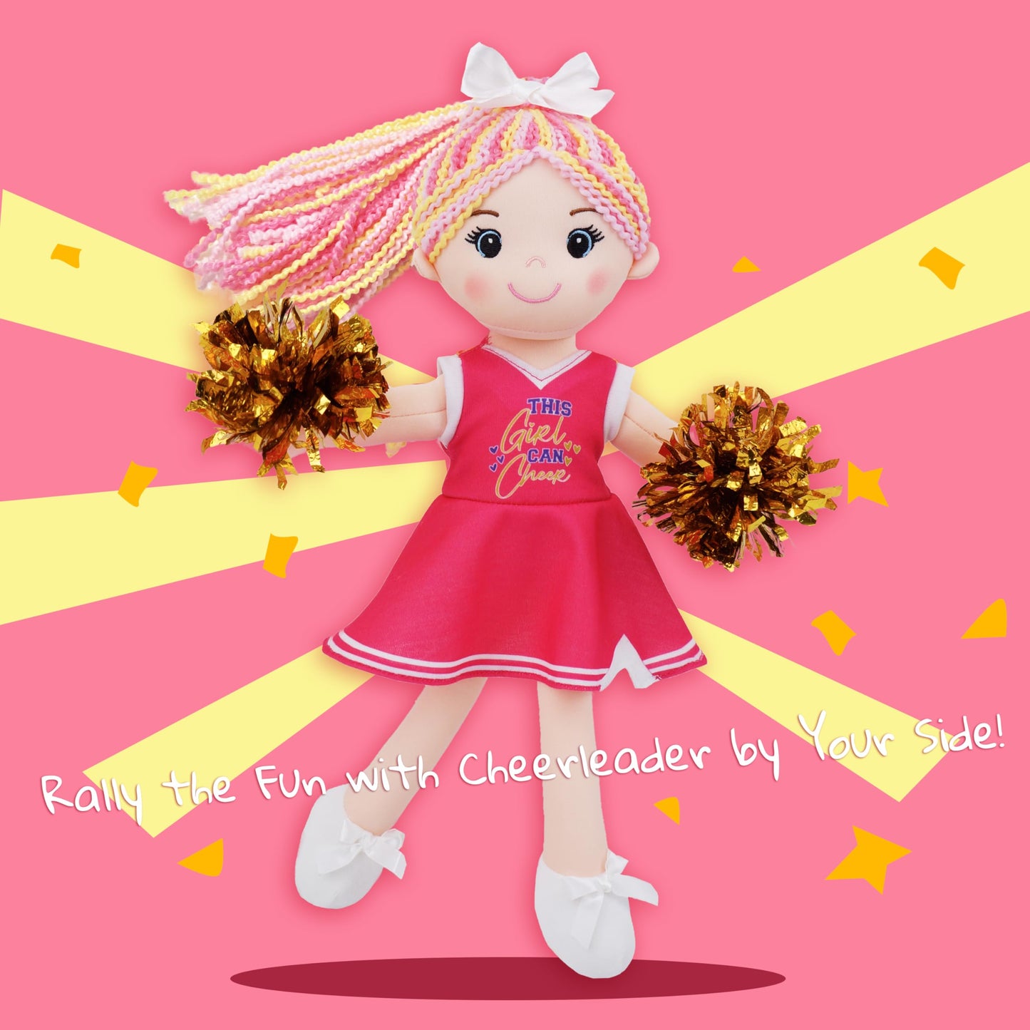 June Garden 14'' Snuggle Cuties Cheerleader Sophie - Soft Cuddly Plush Doll Gift for Girls - Huggable Rag Doll - Pink M