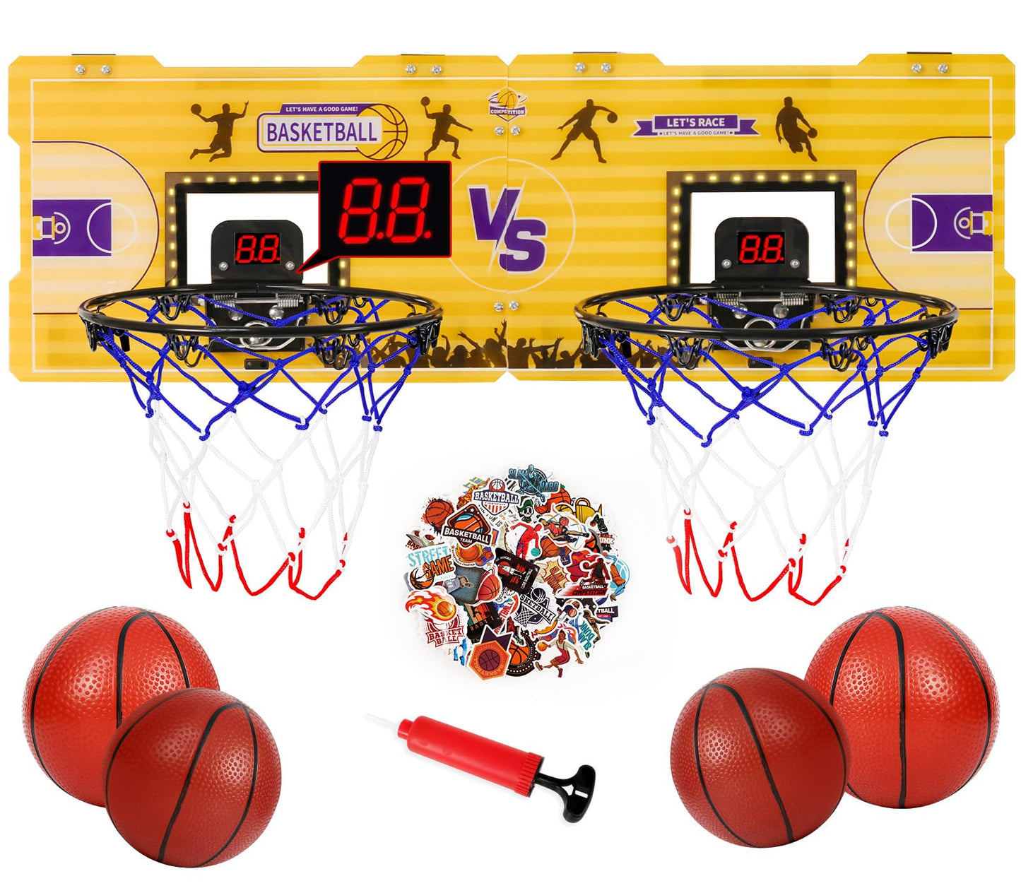 Fbsport Basketball Hoop Indoor, 2 Player Door Basketball Hoop Indoor Mini Basketball Hoop With 4 Balls And Led Light, Over The D