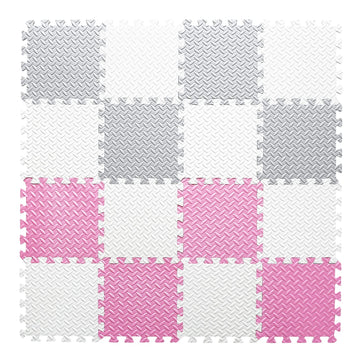 Tamiplay 16 Tiles Foam Play Mat, 0.4 Inch Thick Foam Interlocking Floor Mats, Soft Eva Baby Play Mat, Solid Colored Puzzle Play Mat Kids Floor Mats For Toddler With Storage Bag(White/Light Gray/Pink)