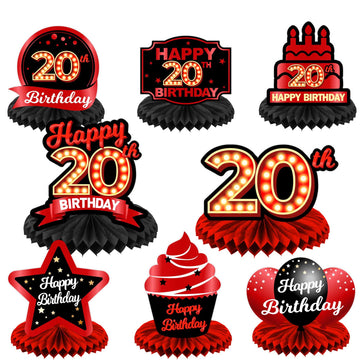 Happy 20Th Birthday Red And Black Table Honeycomb Centerpieces Balloons Theme Decor Table Decorations Table Toppers For Girls Women Princess 20 Years Old Birthday Party Bday Supplies Background Gold