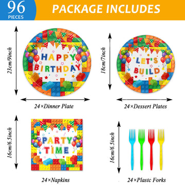 Gisgfim 96 Pcs Building Block Birthday Party Supplies Paper Plates Napkins Colorful Blocks Party Birthday Decorations Favors For
