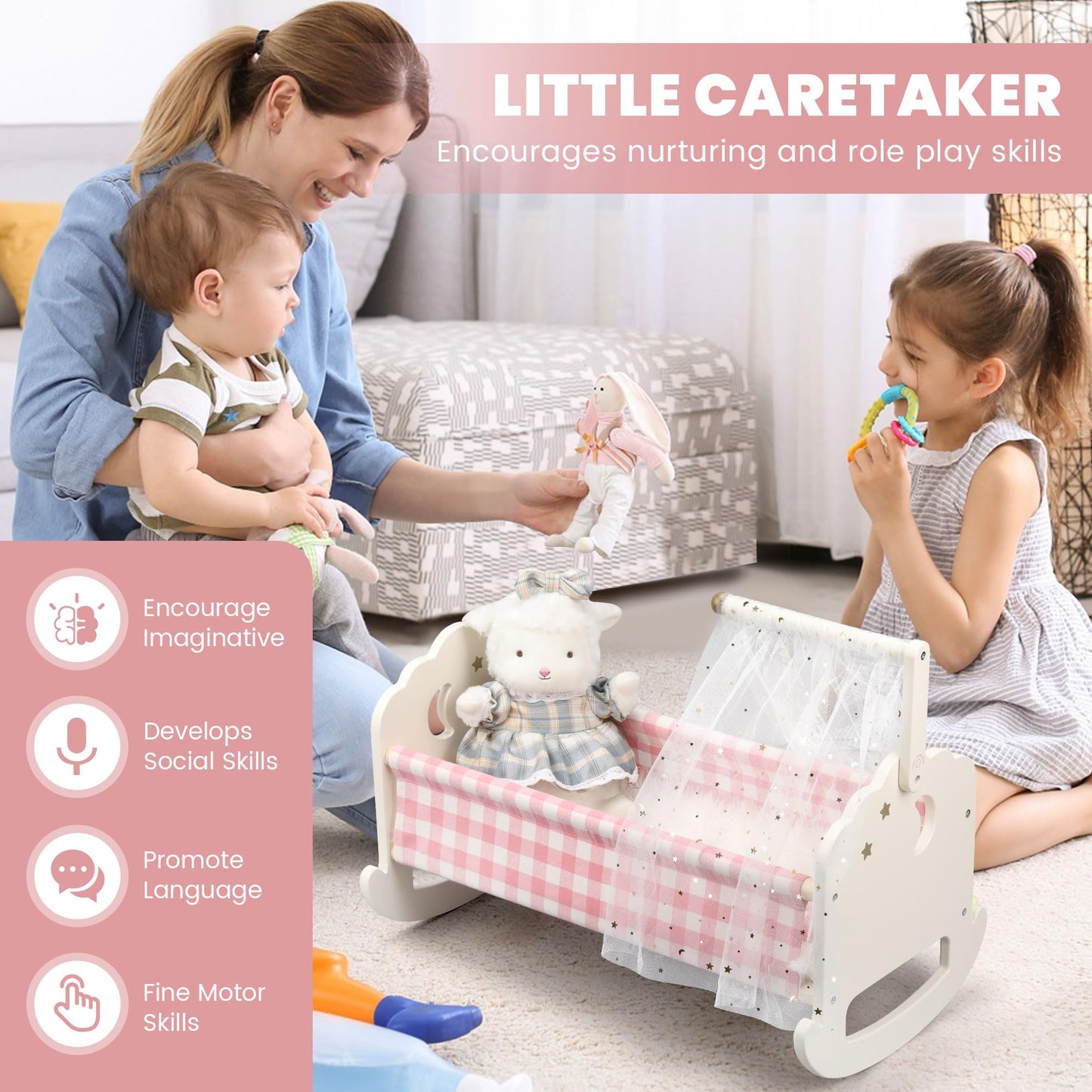 Pithfor Wooden Baby Doll Crib Set, Baby Doll Bed Toys For 18 Inch Dolls, With Bedding And Canopy, Baby Doll Furniture Accessorie
