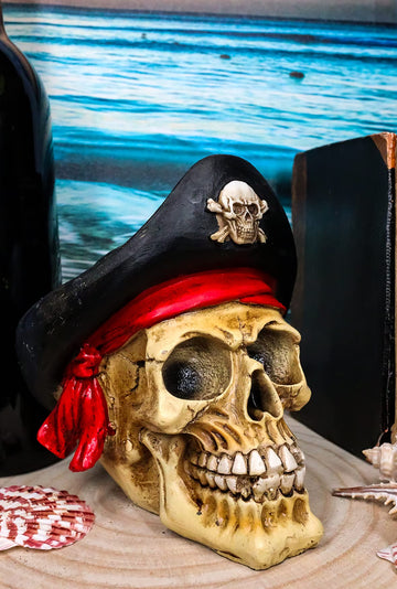 Ebros Gift Badass Pirate Captain Marauder Skull With Golden Earring Statue Captain Hook Skeleton Cranium With Crossbones Hat Figurine Skulls Skeletons