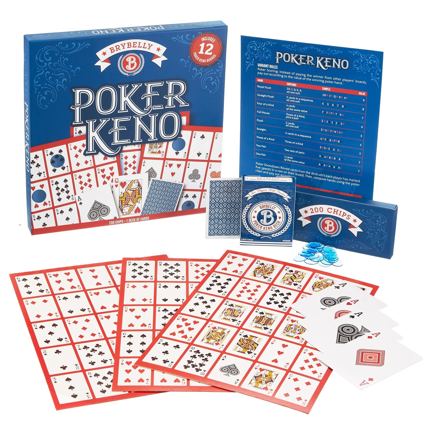 Brybelly Poker Keno Game Set with Cards and Chips - Adult Family Casino Board Game Night Gift Includes Deck of Playing Cards 12 Boards 200 Bingo Chips-New
