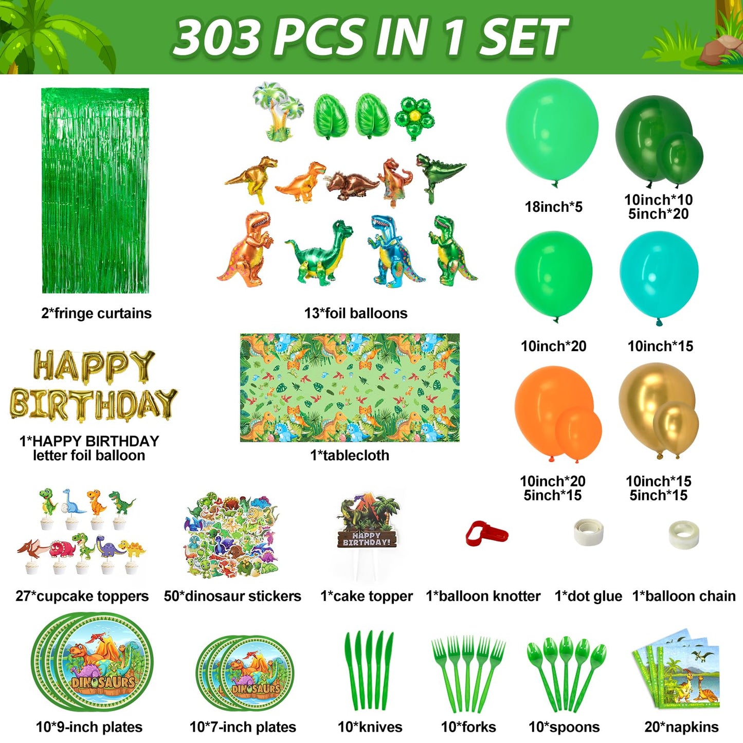 Hjingy 353 Pcs Dinosaur Party Decorations, Dinosaur Birthday Party Supplies For Kids Include Dinosaur Foil Balloons, Happy Birth