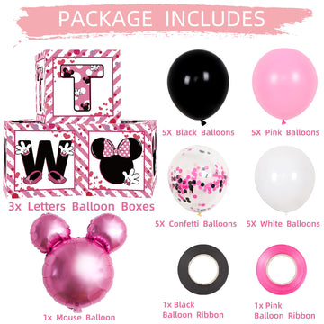 2Nd Birthday Party Favors Balloon Boxes Supplies For Baby, Girls 3Pcs Pink Mouse Theme Two Year Old Balloon Boxes, 'Two' Letters