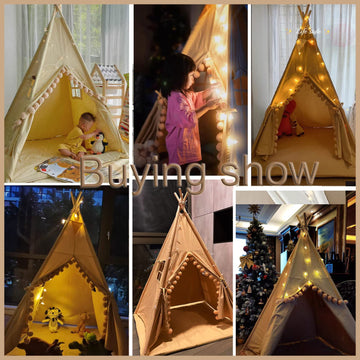 Rongfa Kids-Teepee-Tent With Lights &Large Pompoms & Carry Bag, Machine Washable Teepee Tent For Kids Indoor Tent, Foldable Toddler Tent For Kids -Toddler Teepee Tent For Girls & Boys(Without Mat)