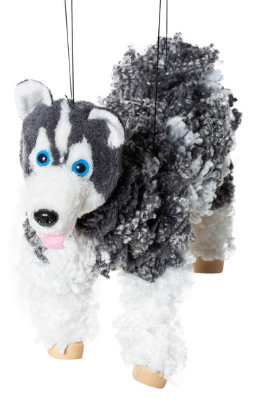 Artisan Owl Siberian Husky Marionette Puppet - Yarn Dog With Wooden Feet, Detachable Strings (Black)