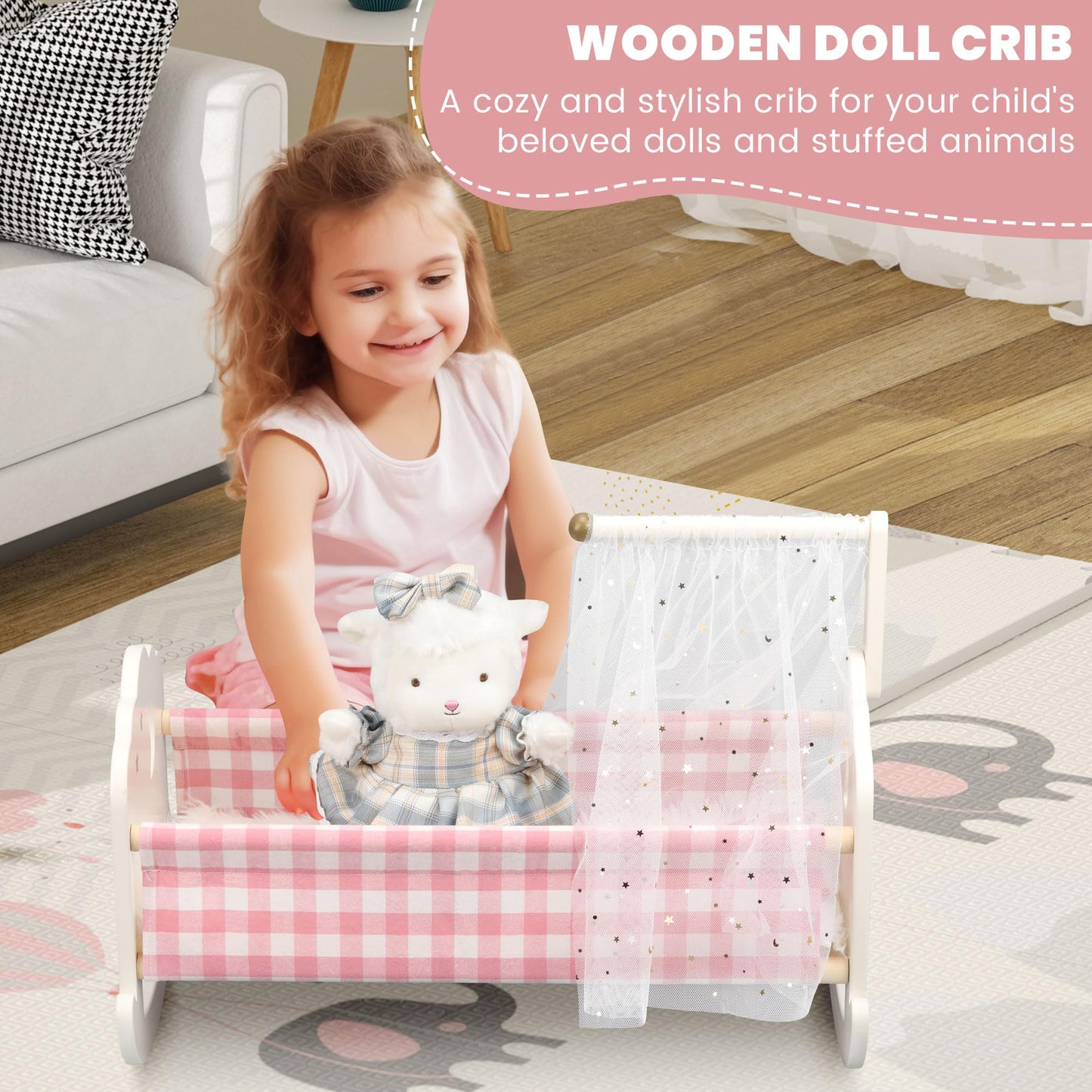 Pithfor Wooden Baby Doll Crib Set, Baby Doll Bed Toys For 18 Inch Dolls, With Bedding And Canopy, Baby Doll Furniture Accessorie