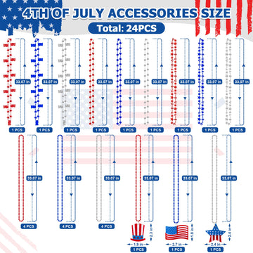 EOBOH 4th of July Necklace Accessories, 24PCS Independence Day Beads Necklaces Bulk, 15 Kinds Fourth of July Red Blue White Star