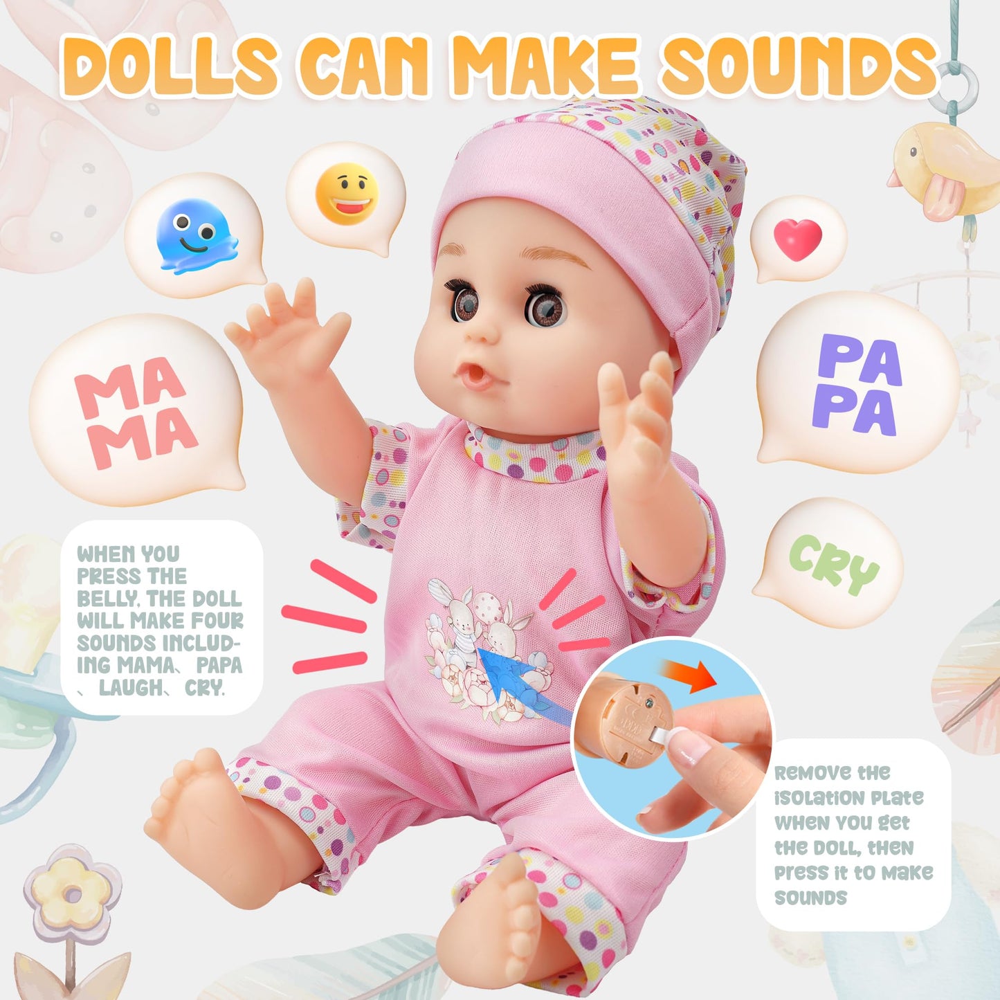 Smilesskiddo 14'' Baby Doll With Open/Close Eyes - Interactive Small Sweet Dolls, 8 Piece Gift Set With Bottle Pacifier & Access