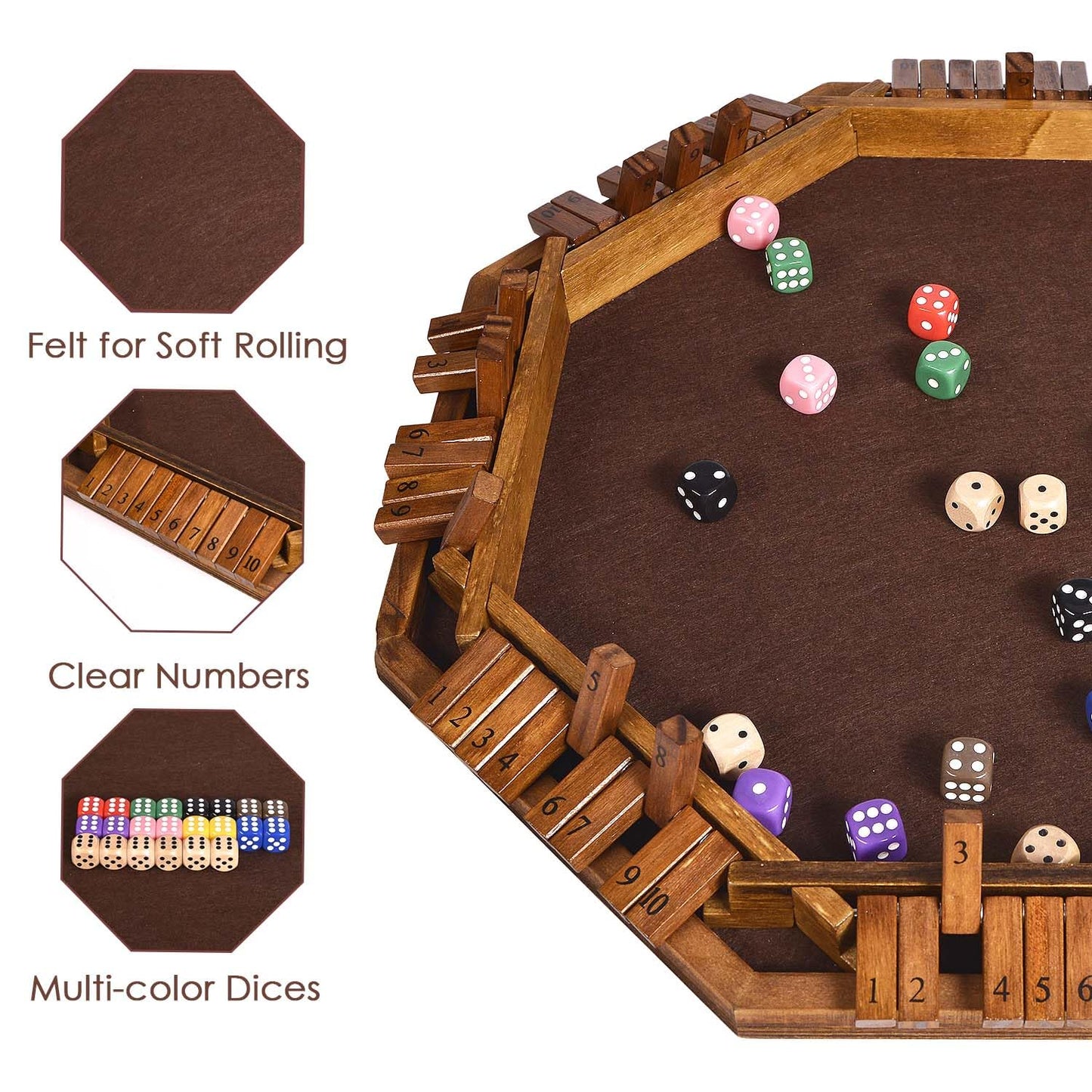 Vamslove Shut The Box Dice Game For 8 Players Upgraded Wooden Board Table Math Game With 16 +6 Dices - Educational Game For Kids, Adults (Instruction Included)