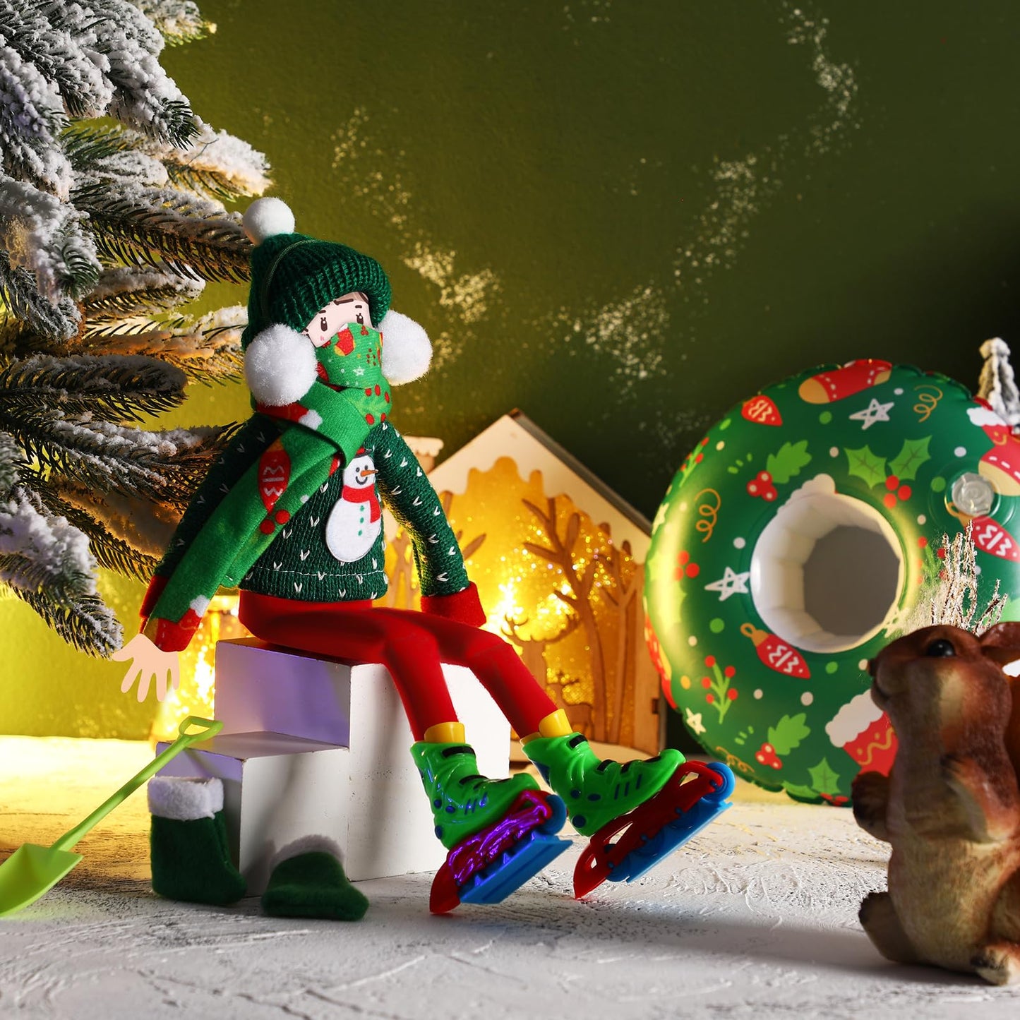 Jenaai 9 Pcs Christmas Elf Doll Accessories Set Christmas Elf Clothing Includes Ear Muffs, Scarf, Sweater, Boot, Inflatable Snow