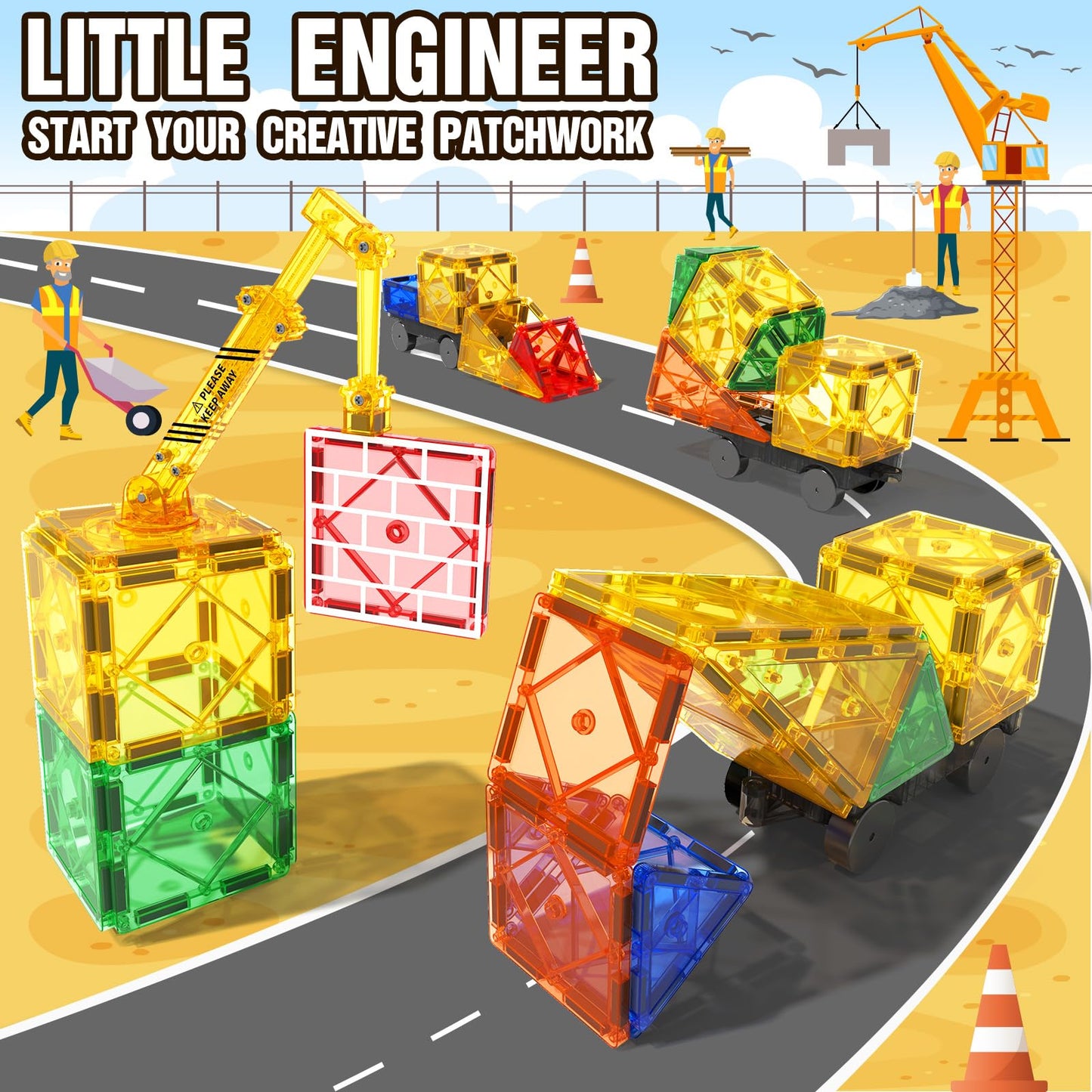 Igivi Magnetic Tiles Road Set With Magnet Crane Car Toys, Construction Toys For Kids Ages 3-5 4-8 5-7, Creative Magnetic Building Blocks Toddler Toys, Gifts For 3+ Year Old Boys & Girls